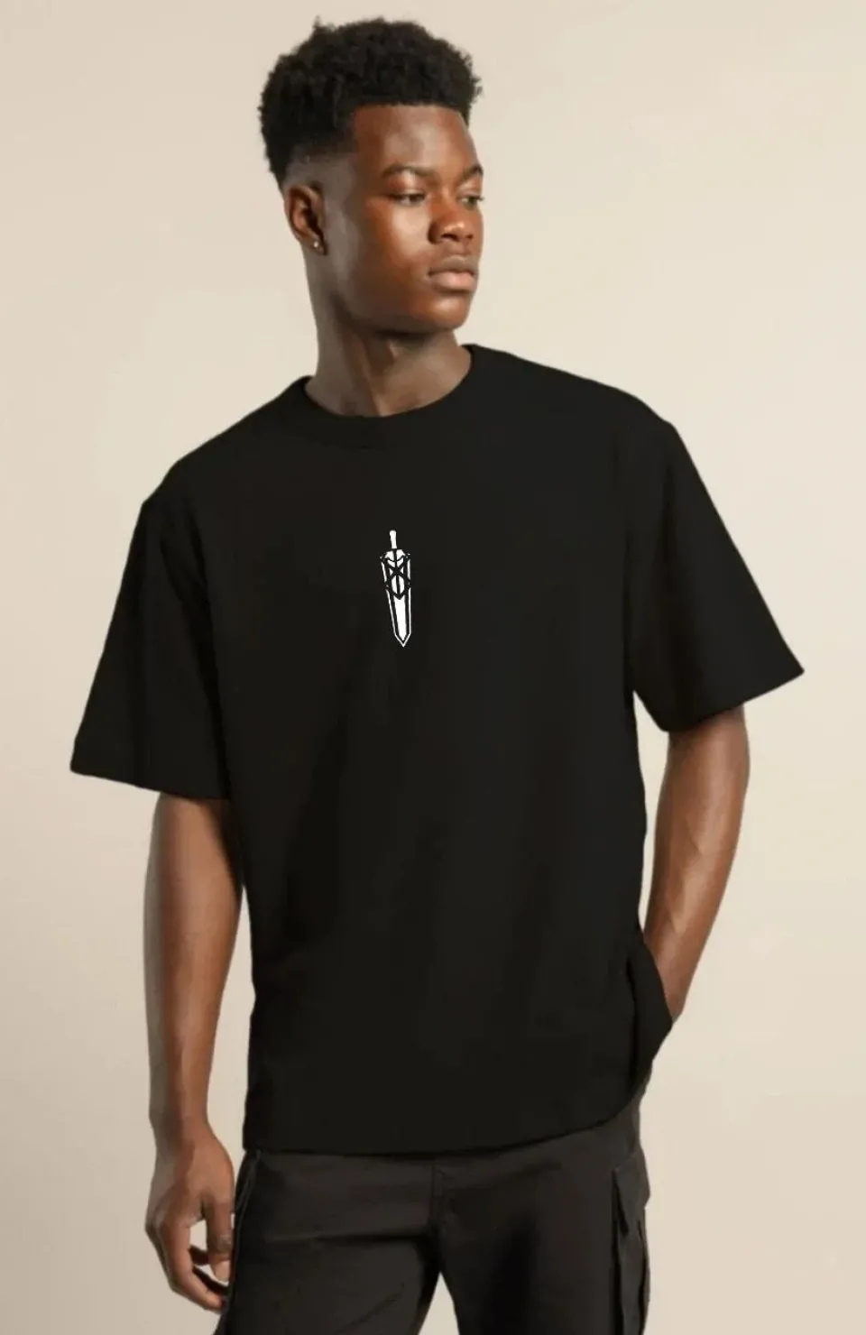 Unisex Bisiklet Yaka Baskılı Oversize T-Shirt - Siyah