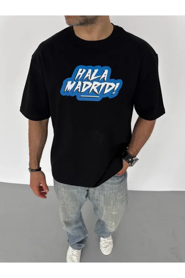 Unisex Bisiklet Yaka Baskılı Oversize T-Shirt - Siyah