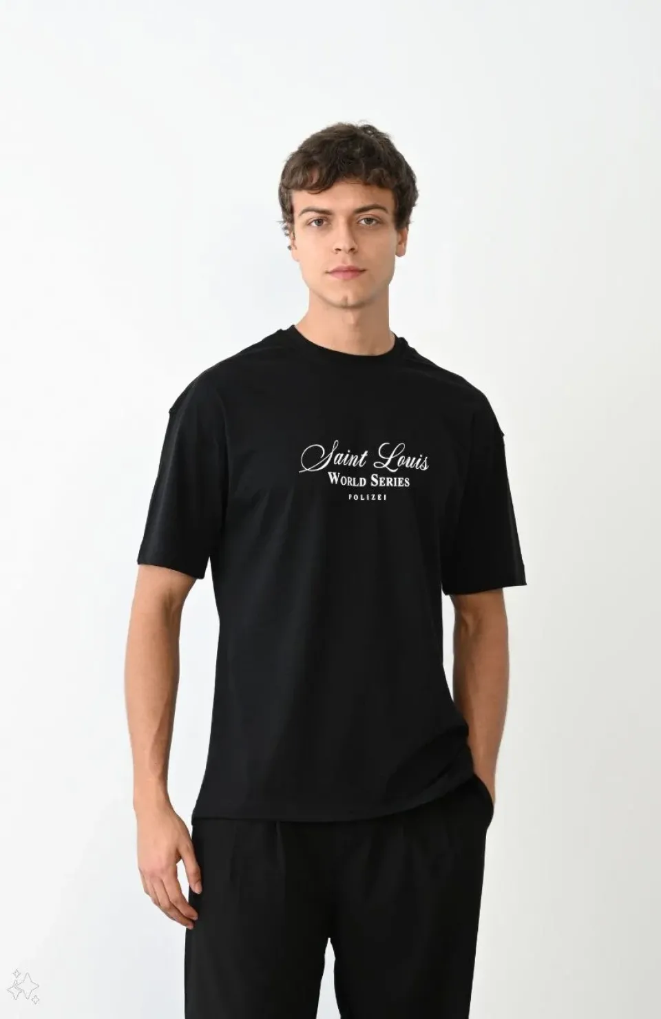 Unisex Bisiklet Yaka Baskılı Oversize T-Shirt - Siyah