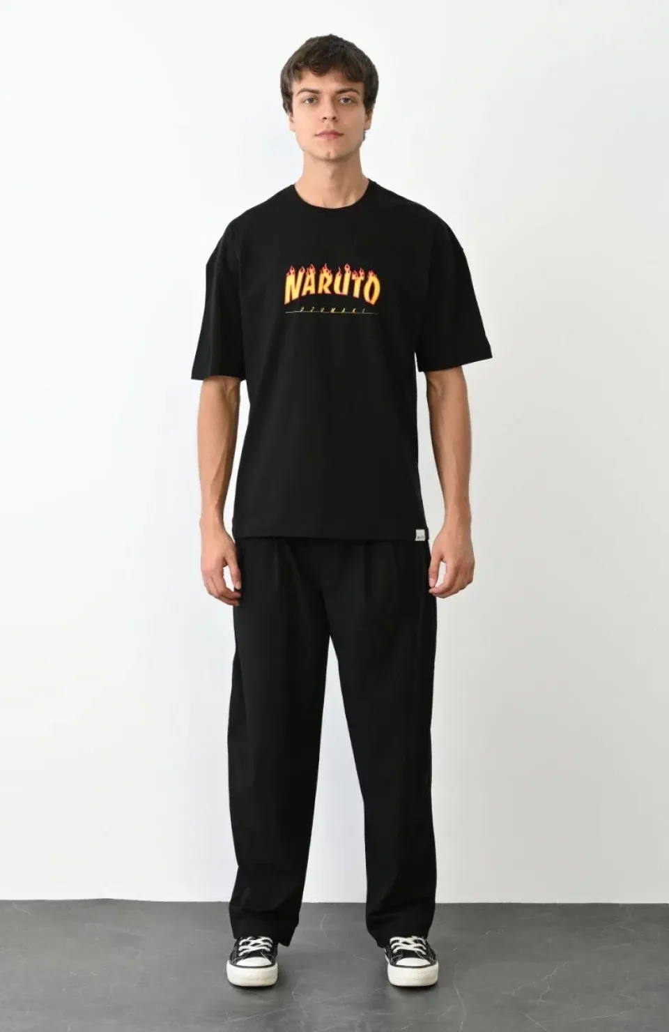 Unisex Bisiklet Yaka Baskılı Oversize T-Shirt - Siyah