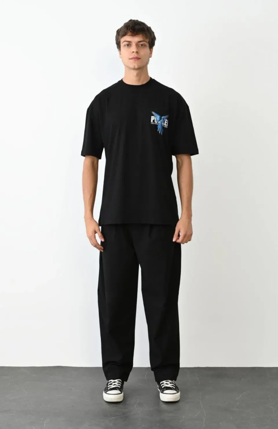 Unisex Bisiklet Yaka Baskılı Oversize T-Shirt - Siyah