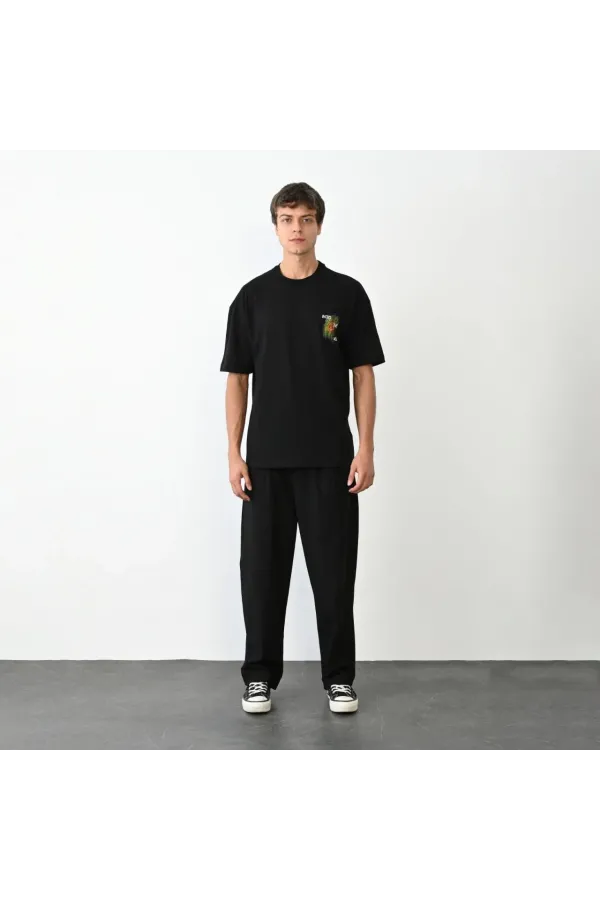 Unisex Bisiklet Yaka Baskılı Oversize T-Shirt - Siyah