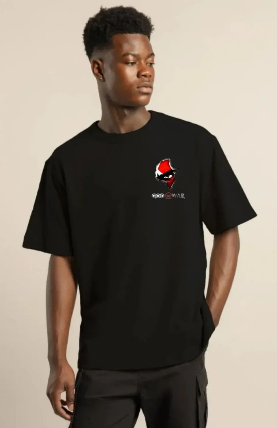 Unisex Bisiklet Yaka Baskılı Oversize T-Shirt - Siyah