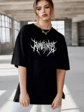 Unisex Bisiklet Yaka Baskılı Oversize T-Shirt - Siyah