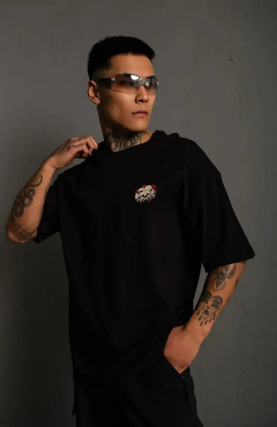 Unisex Bisiklet Yaka Baskılı Oversize T-Shirt - Siyah