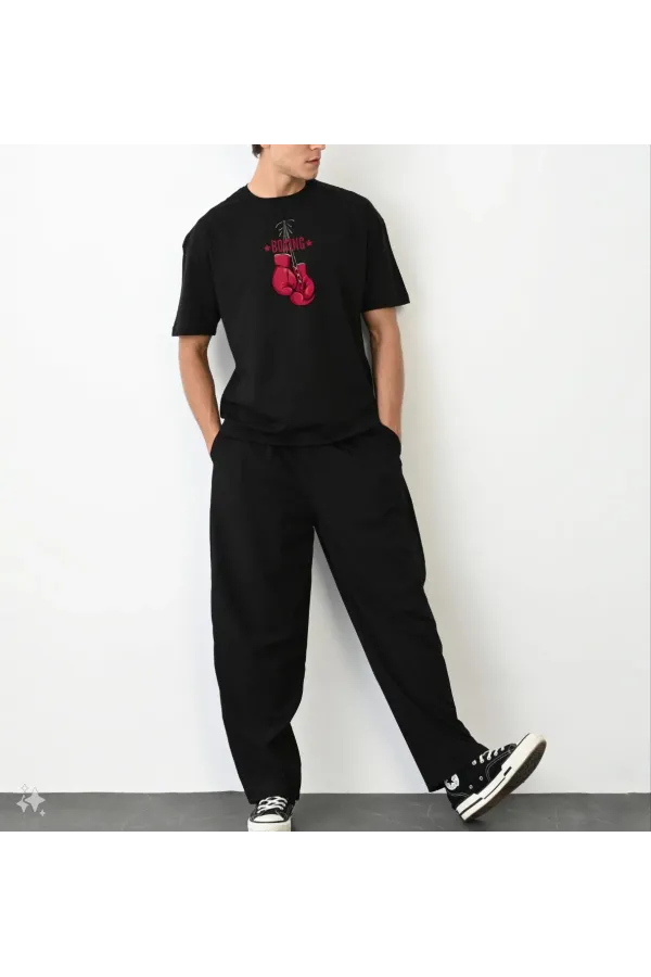 Unisex Bisiklet Yaka Baskılı Oversize T-Shirt - Siyah