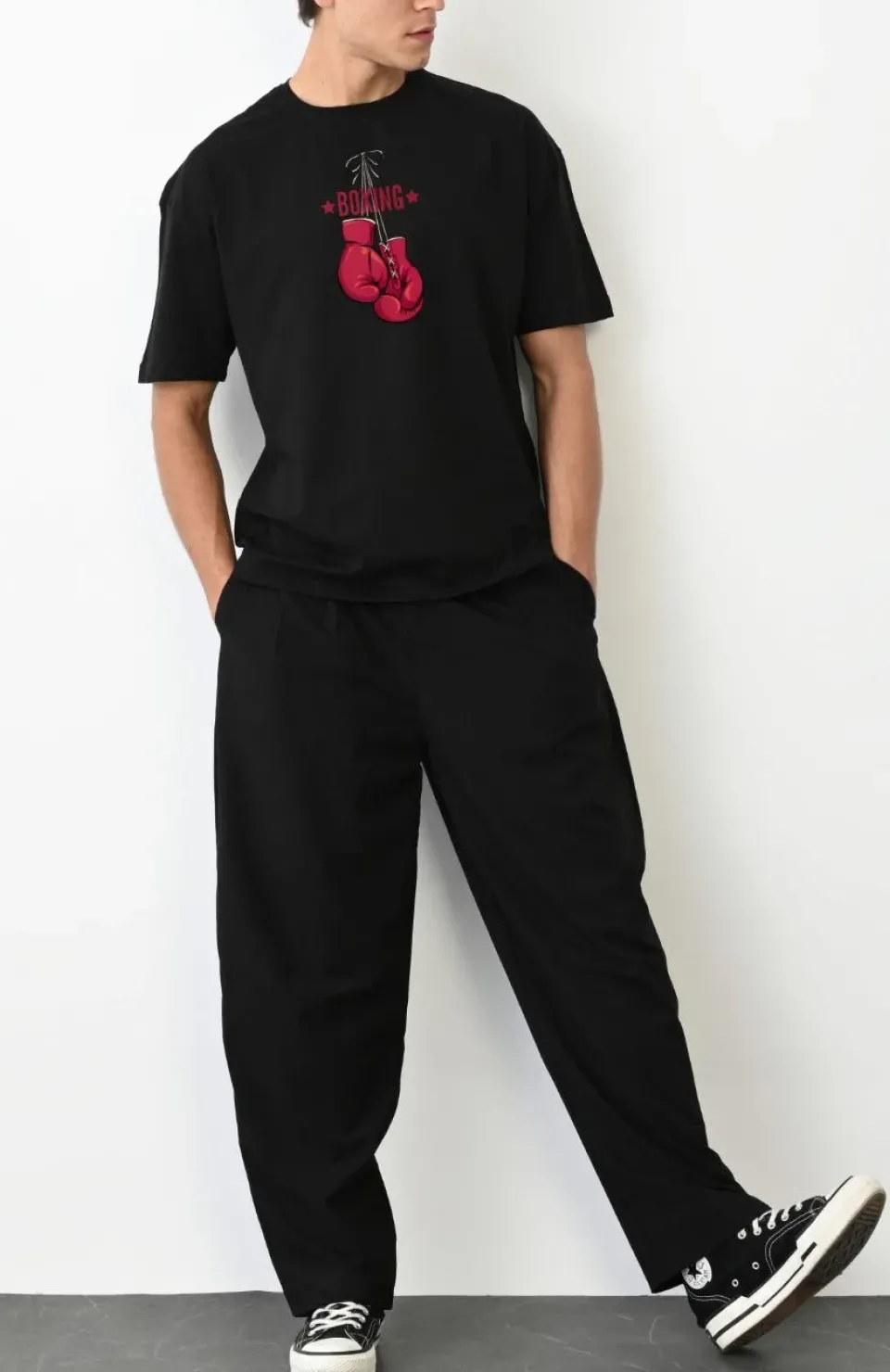 Unisex Bisiklet Yaka Baskılı Oversize T-Shirt - Siyah