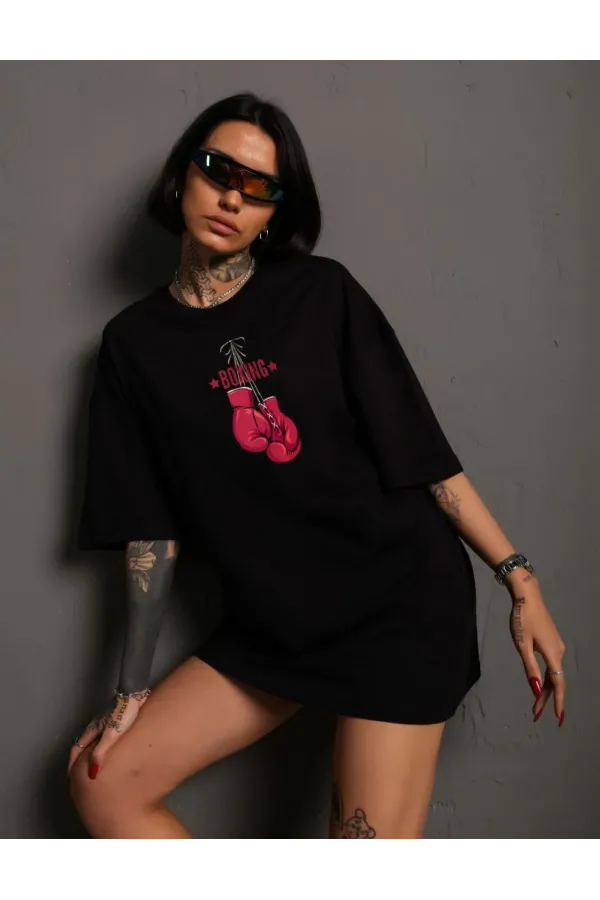 Unisex Bisiklet Yaka Baskılı Oversize T-Shirt - Siyah