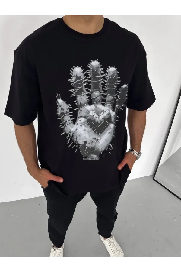 Unisex Bisiklet Yaka Baskılı Oversize T-Shirt - Siyah