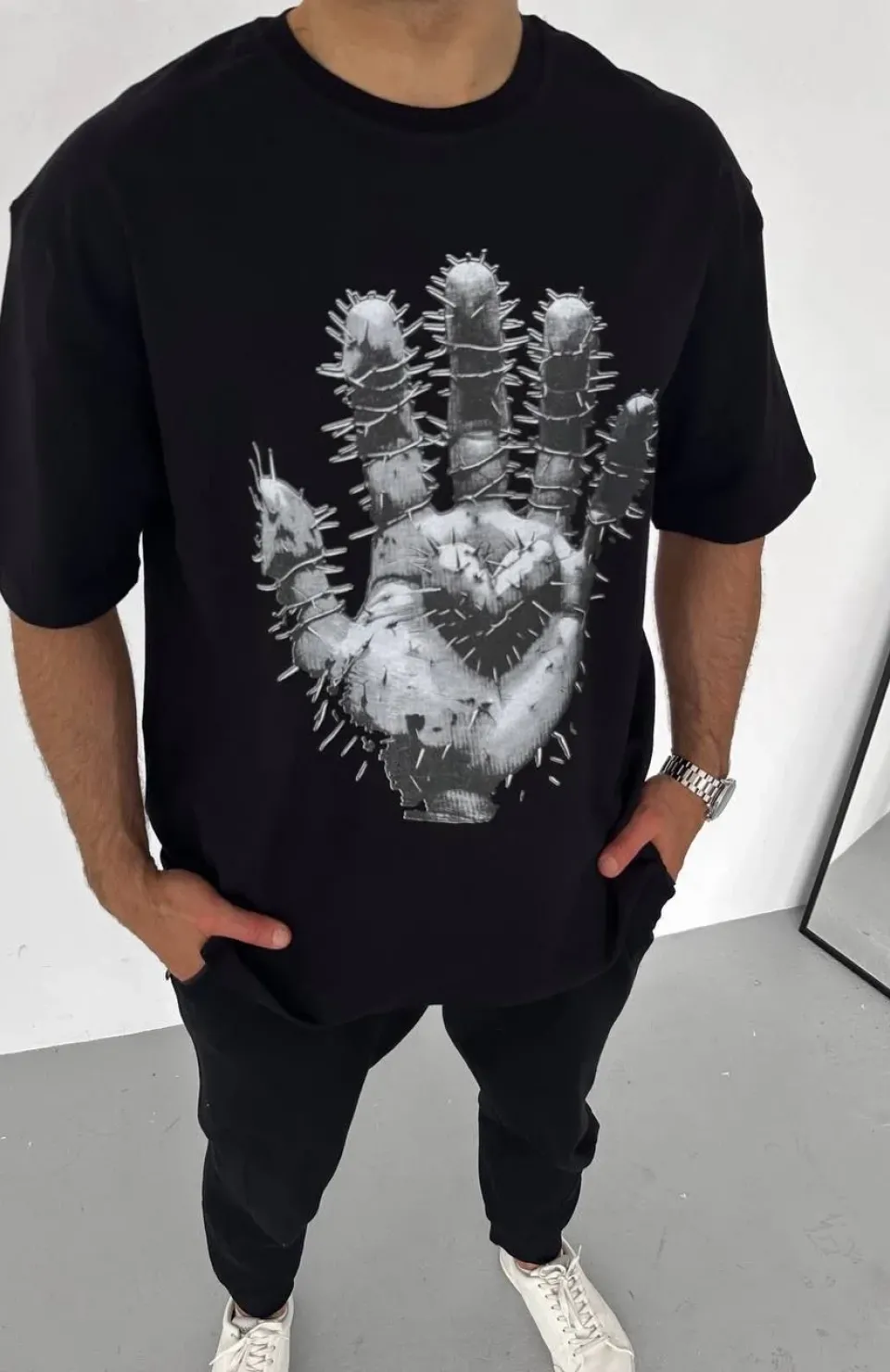 Unisex Bisiklet Yaka Baskılı Oversize T-Shirt - Siyah