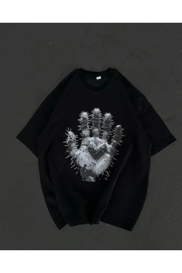 Unisex Bisiklet Yaka Baskılı Oversize T-Shirt - Siyah