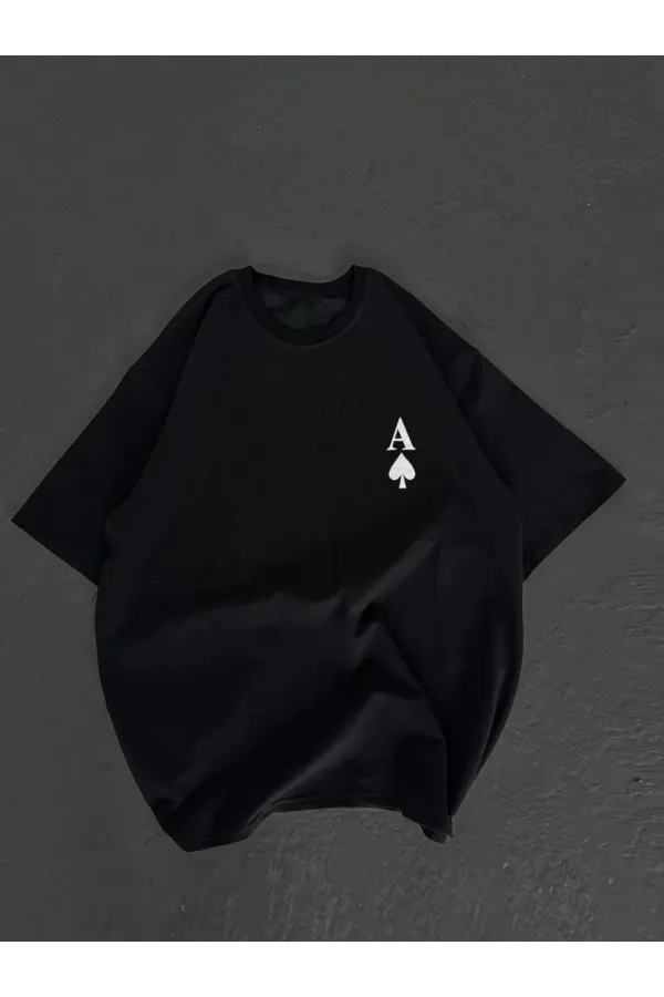 Unisex Bisiklet Yaka Baskılı Oversize T-Shirt - Siyah