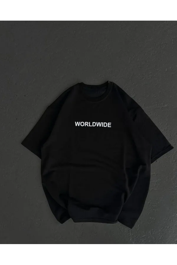 Unisex Bisiklet Yaka Baskılı Oversize T-Shirt - Siyah