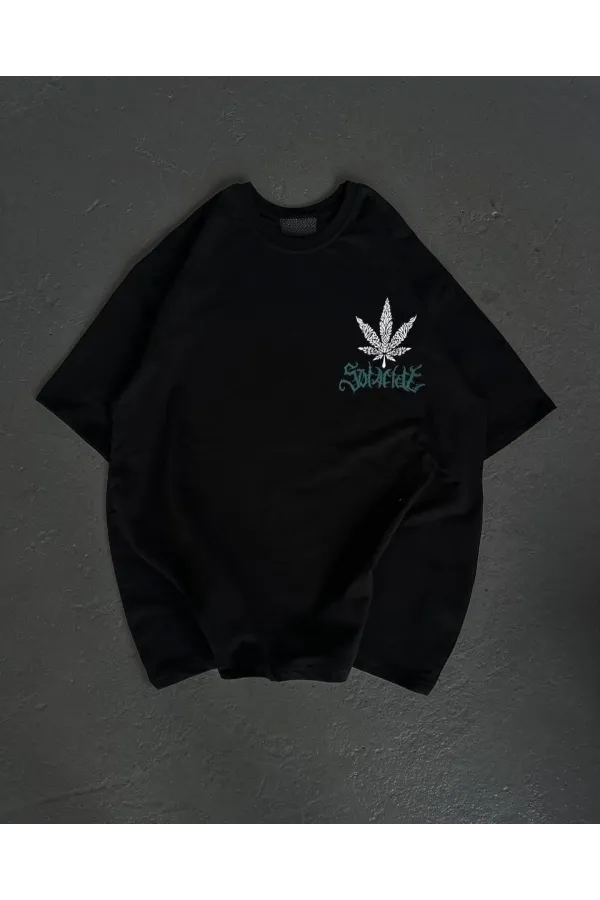 Unisex Bisiklet Yaka Baskılı Oversize T-Shirt - Siyah