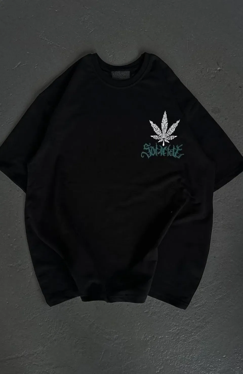 Unisex Bisiklet Yaka Baskılı Oversize T-Shirt - Siyah