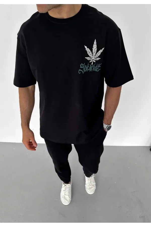 Unisex Bisiklet Yaka Baskılı Oversize T-Shirt - Siyah