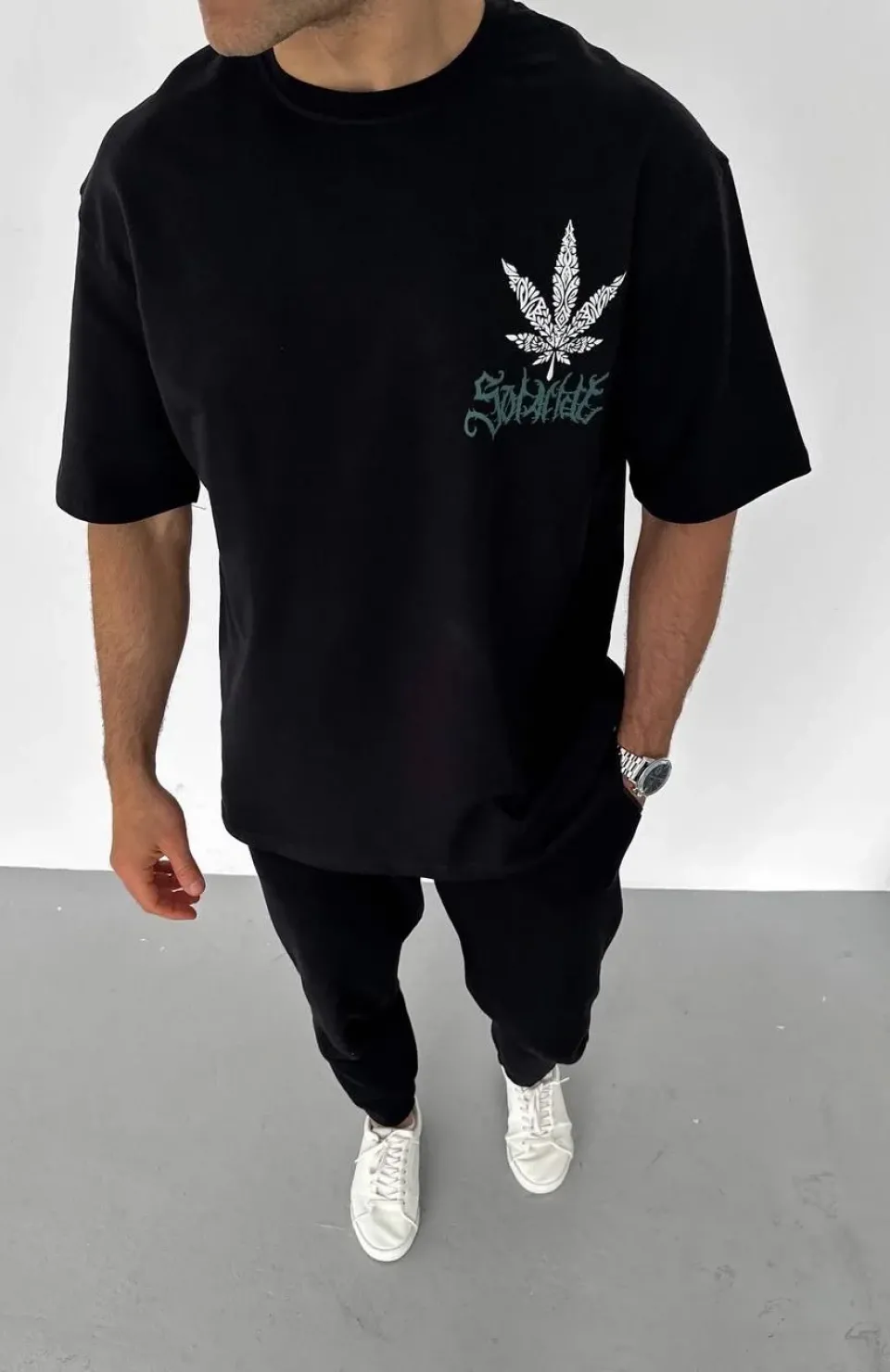 Unisex Bisiklet Yaka Baskılı Oversize T-Shirt - Siyah