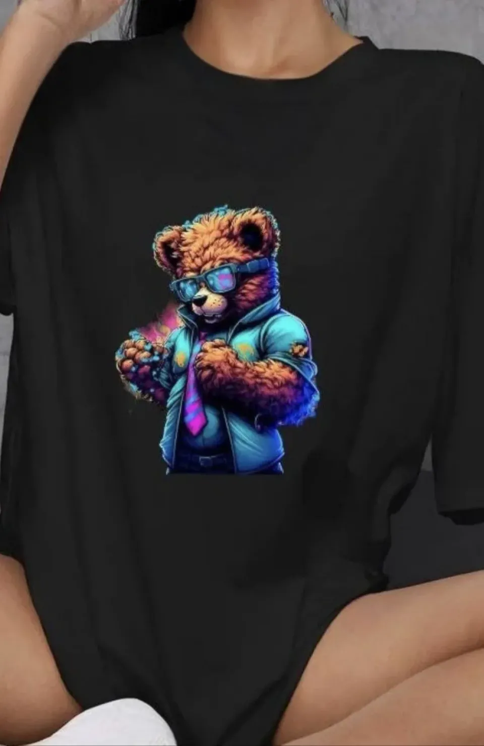 Unisex Bisiklet Yaka Baskılı Oversize T-Shirt - Siyah