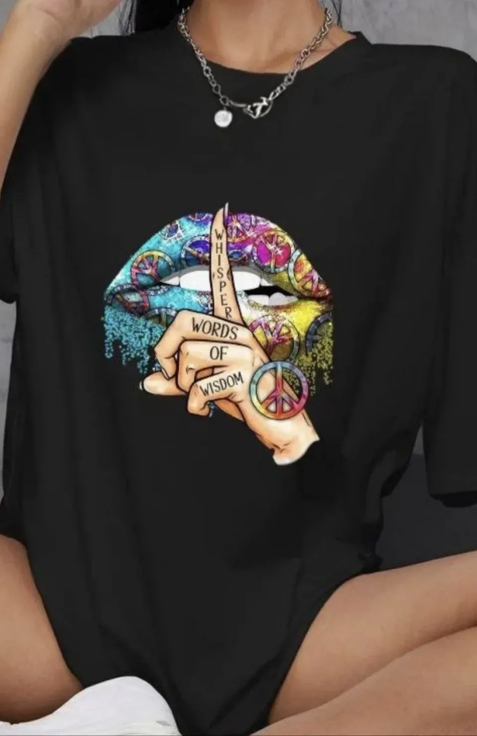 Unisex Bisiklet Yaka Baskılı Oversize T-Shirt - Siyah