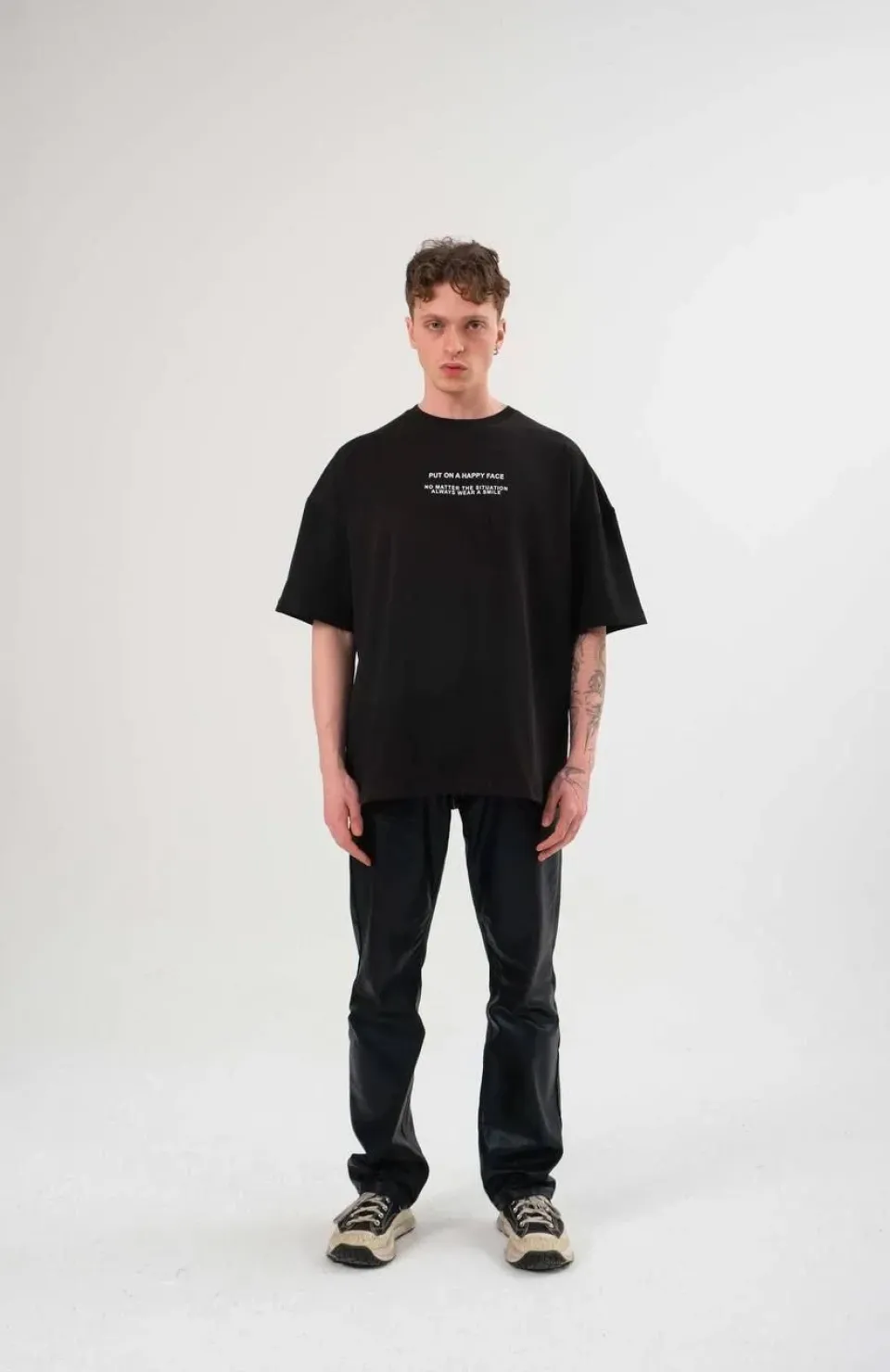 Unisex Bisiklet Yaka Baskılı Oversize T-Shirt - Siyah