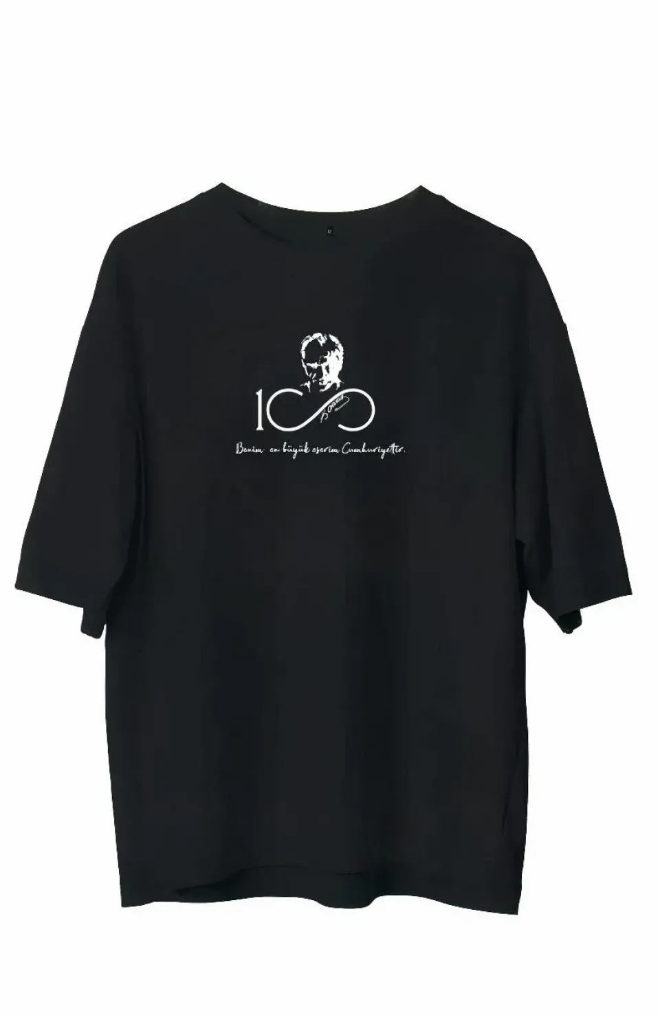 Unisex Bisiklet Yaka Baskılı Oversize T-Shirt - Siyah