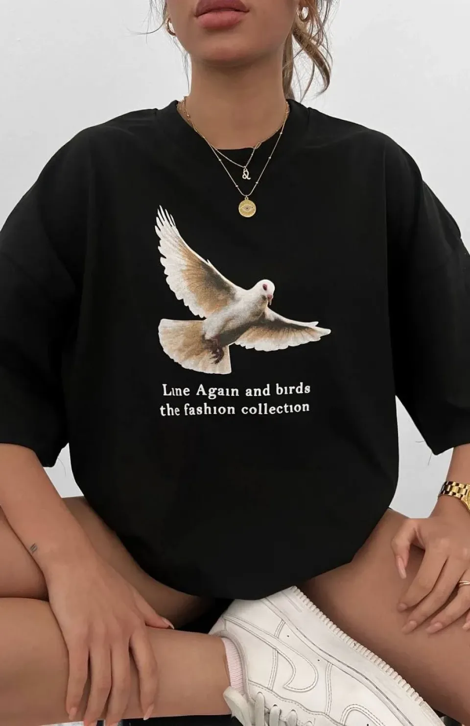 Unisex Bisiklet Yaka Baskılı Oversize T-Shirt - Siyah