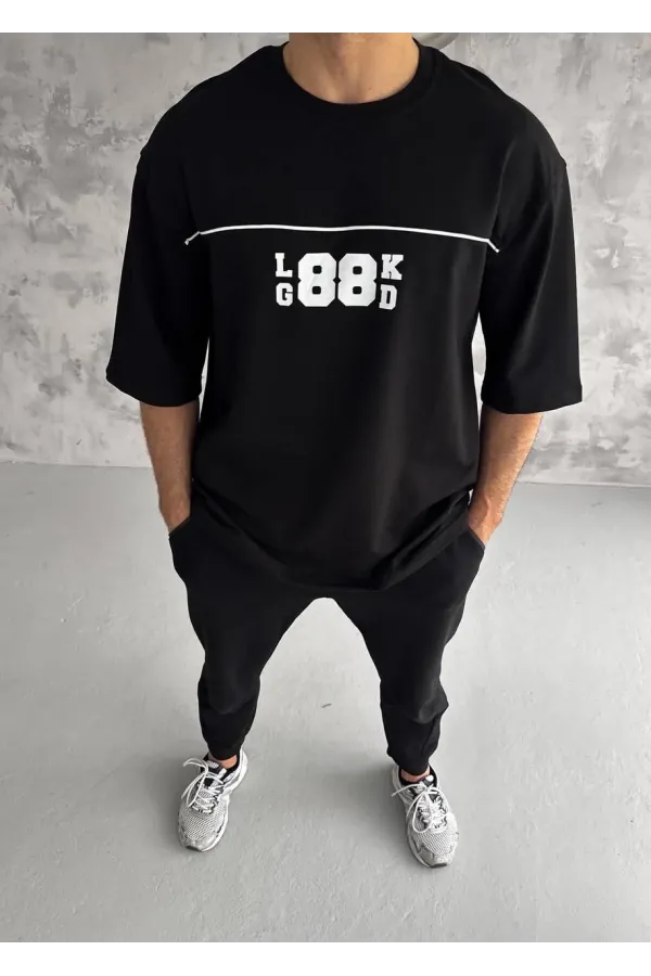 Unisex Bisiklet Yaka Baskılı Oversize T-Shirt - Siyah