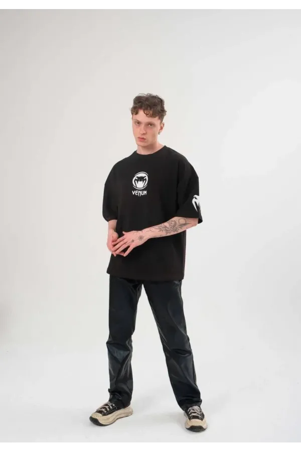 Unisex Bisiklet Yaka Baskılı Oversize T-Shirt - Siyah