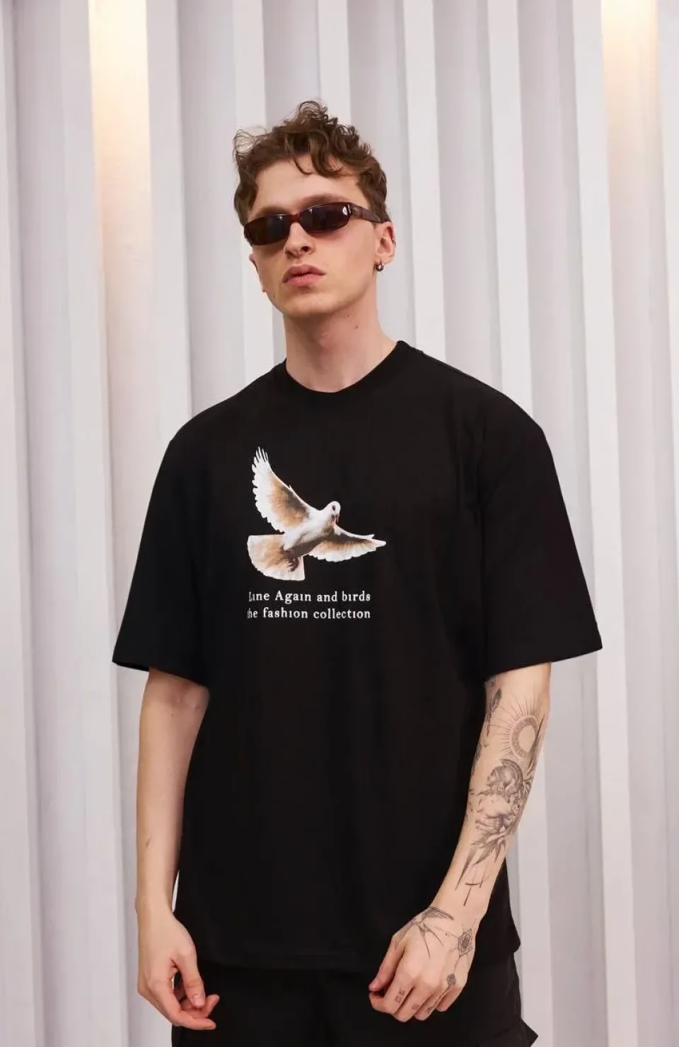 Unisex Bisiklet Yaka Baskılı Oversize T-Shirt - Siyah