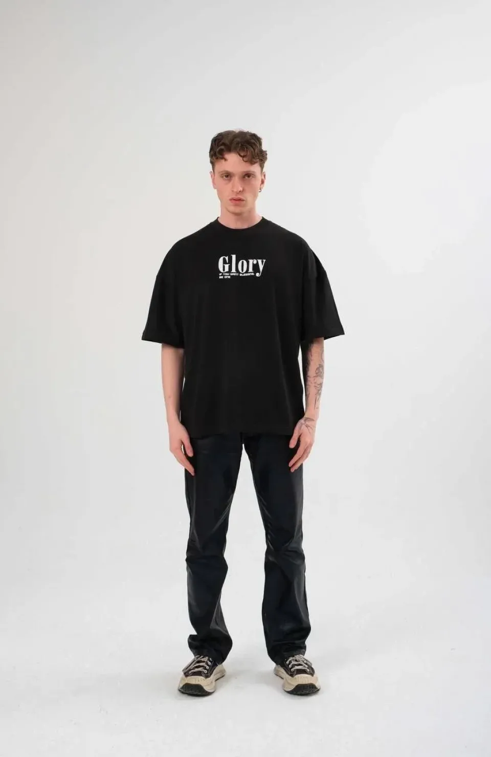Unisex Bisiklet Yaka Baskılı Oversize T-Shirt - Siyah