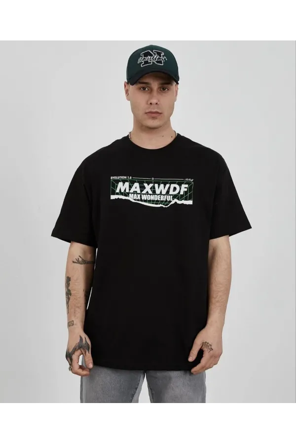 Unisex Bisiklet Yaka Baskılı Oversize T-Shirt - Siyah