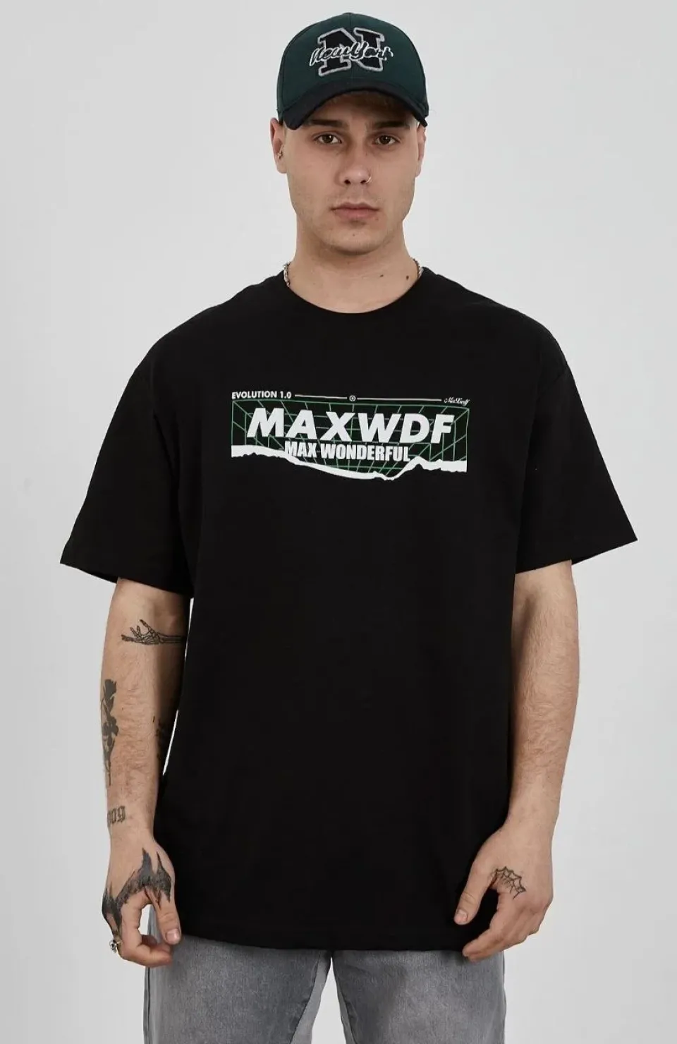 Unisex Bisiklet Yaka Baskılı Oversize T-Shirt - Siyah