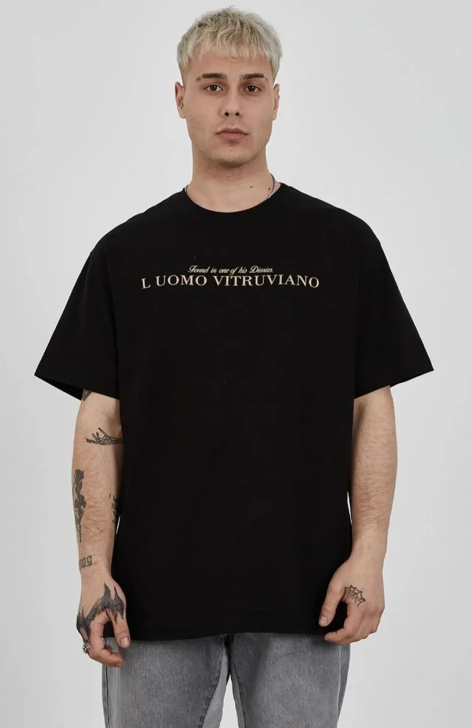 Unisex Bisiklet Yaka Baskılı Oversize T-Shirt - Siyah