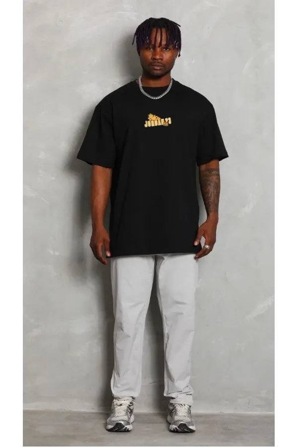 Unisex Bisiklet Yaka Baskılı Oversize T-Shirt - Siyah