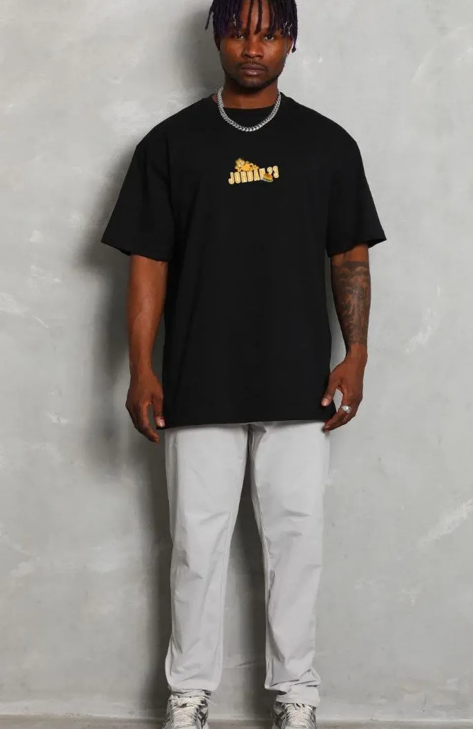 Unisex Bisiklet Yaka Baskılı Oversize T-Shirt - Siyah