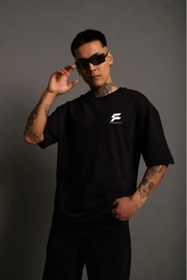 Unisex Bisiklet Yaka Baskılı Oversize T-Shirt - Siyah