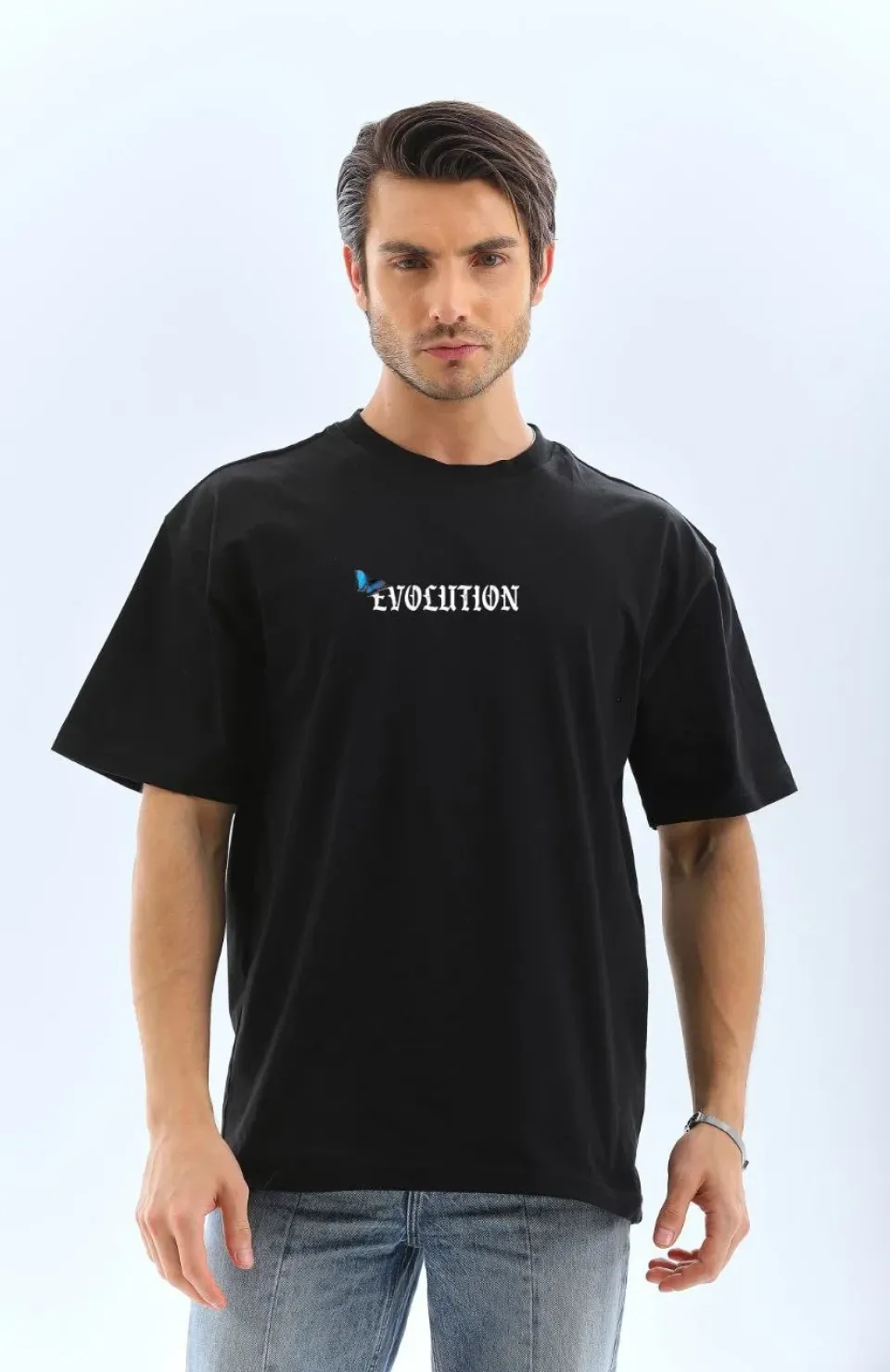 Unisex Bisiklet Yaka Baskılı Oversize T-Shirt - Siyah