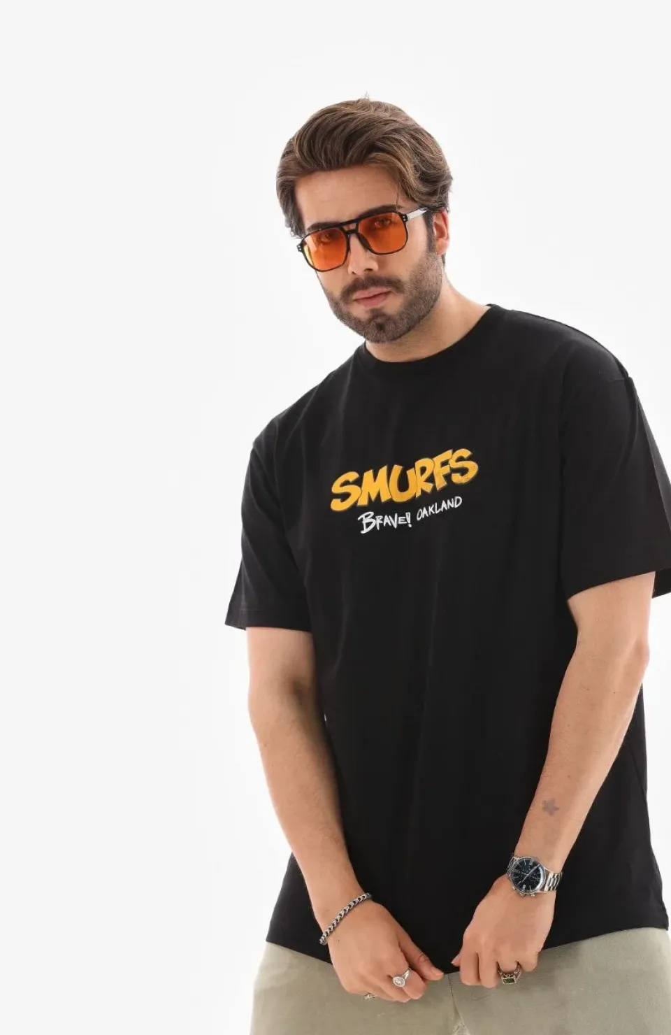 Unisex Bisiklet Yaka Baskılı Oversize T-Shirt - Siyah