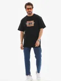 Unisex Bisiklet Yaka Baskılı Oversize T-Shirt - Siyah