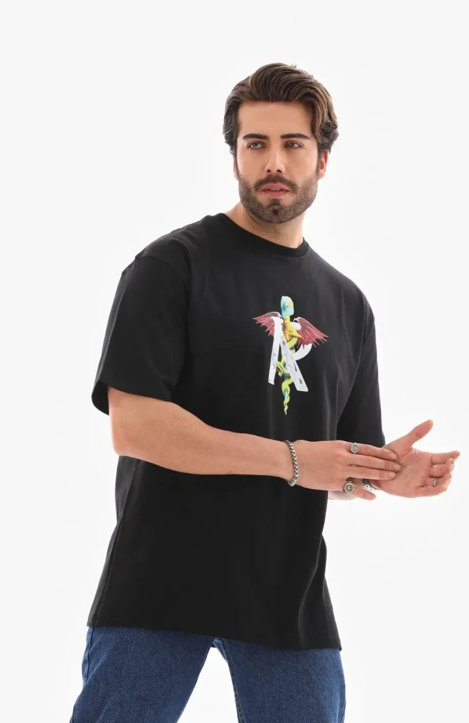 Unisex Bisiklet Yaka Baskılı Oversize T-Shirt - Siyah