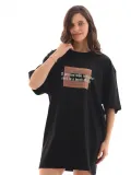Unisex Bisiklet Yaka Baskılı Oversize T-Shirt - Siyah