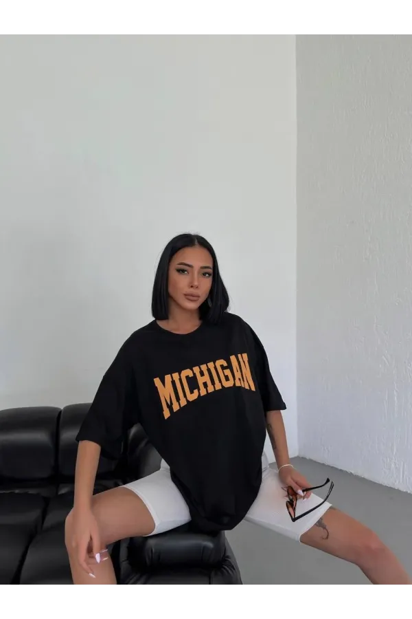 Unisex Bisiklet Yaka Baskılı Oversize T-Shirt - Siyah