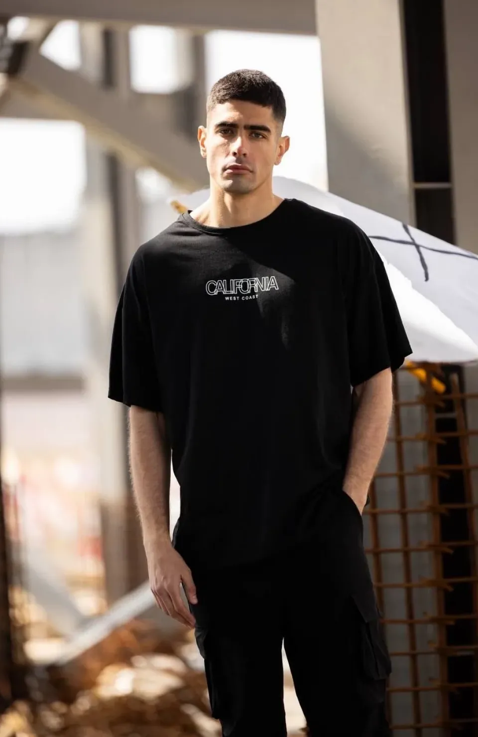 Unisex Bisiklet Yaka Baskılı Oversize T-Shirt - Siyah