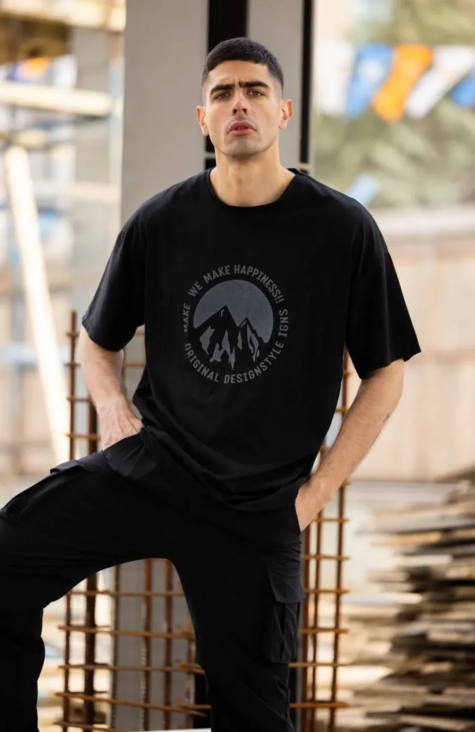 Unisex Bisiklet Yaka Baskılı Oversize T-Shirt - Siyah