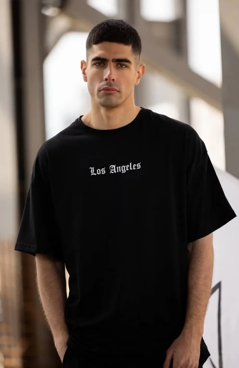 Unisex Bisiklet Yaka Baskılı Oversize T-Shirt - Siyah