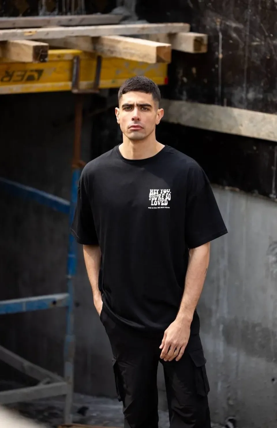 Unisex Bisiklet Yaka Baskılı Oversize T-Shirt - Siyah