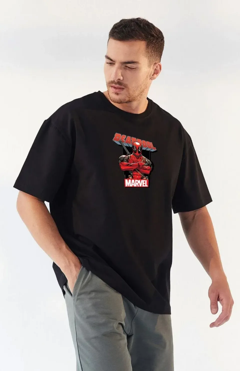 Unisex Bisiklet Yaka Baskılı Oversize T-Shirt - Siyah