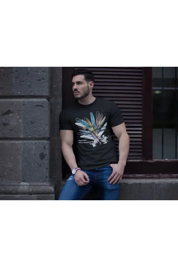 Unisex Bisiklet Yaka Baskılı Oversize T-Shirt - Siyah