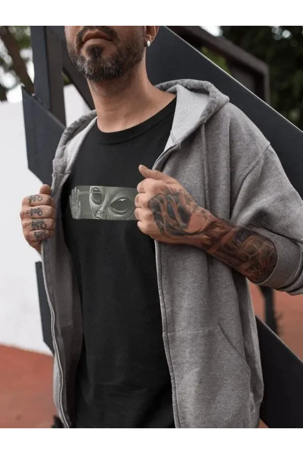 Unisex Bisiklet Yaka Baskılı Oversize T-Shirt - Siyah