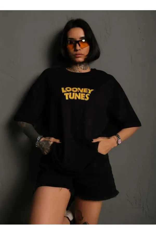 Unisex Bisiklet Yaka Baskılı Oversize T-Shirt - Siyah